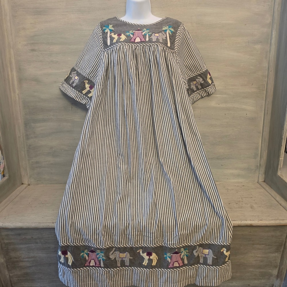 Cabernet 100% Cotton Embroidered Striped Kaftan Midi Dress Medium GC